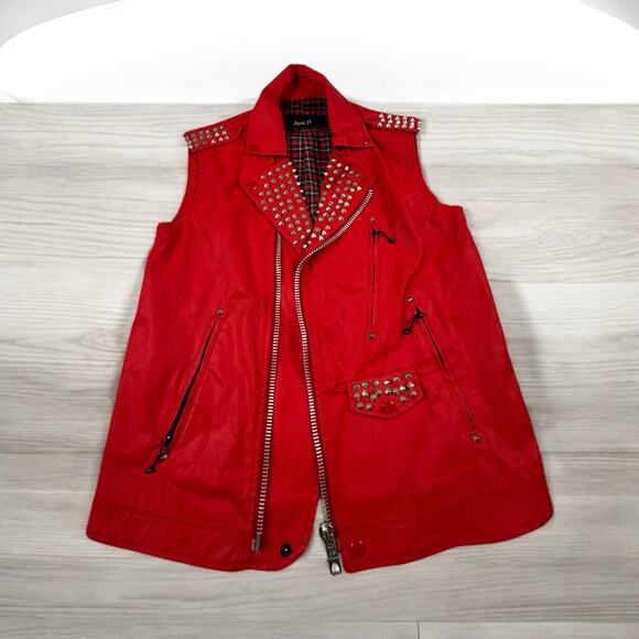Red Studded Moto Vest Sleeveless Biker Jacket Punk Rocker Style - Picture 3 of 9